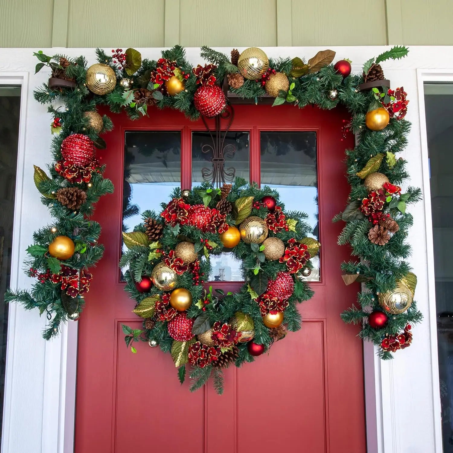 [30 Inch Artificial Christmas Wreath]- Scarlet Hydrangea Collection -Red and Gold Decoration -Pre Lit with 50 Warm Clear Colored