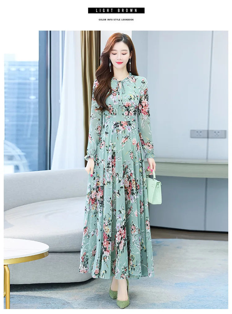 Spicy Mom Dress Chiffon Moms Korean Edition New Autumn and Winter Fragmented Flower Long Style New Long sleeved Medium Long UAFP