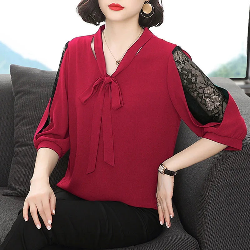 Women Spring Summer Style Blouses Tops Lady Casual Bow Tie Colloar Half Lace Sleeve Loose Blusas Tops DF4275