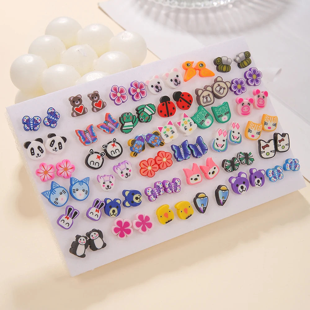 36Pair/lot Multi-style Colorful Cartoon Fruit Animal Geometric Stud Earrings Set For Women Girls Cute Children Ear Jewelry Gifts