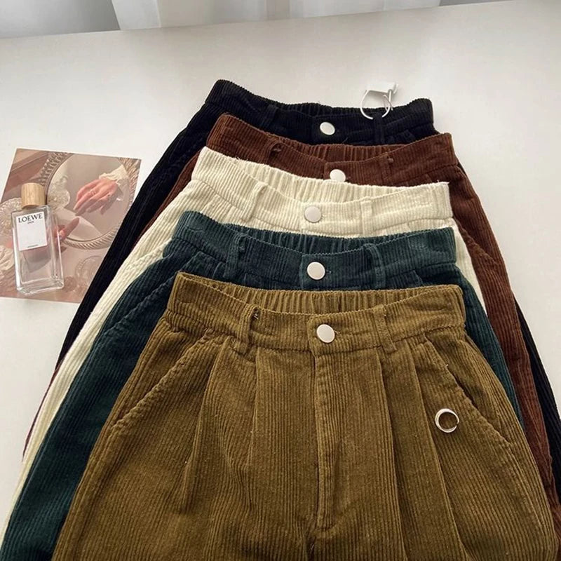 Retro High Waist Corduroy Pants Women Spring Fall Straight Causal Full Length Trousers Korean Fashion Baggy All Match Black Pant