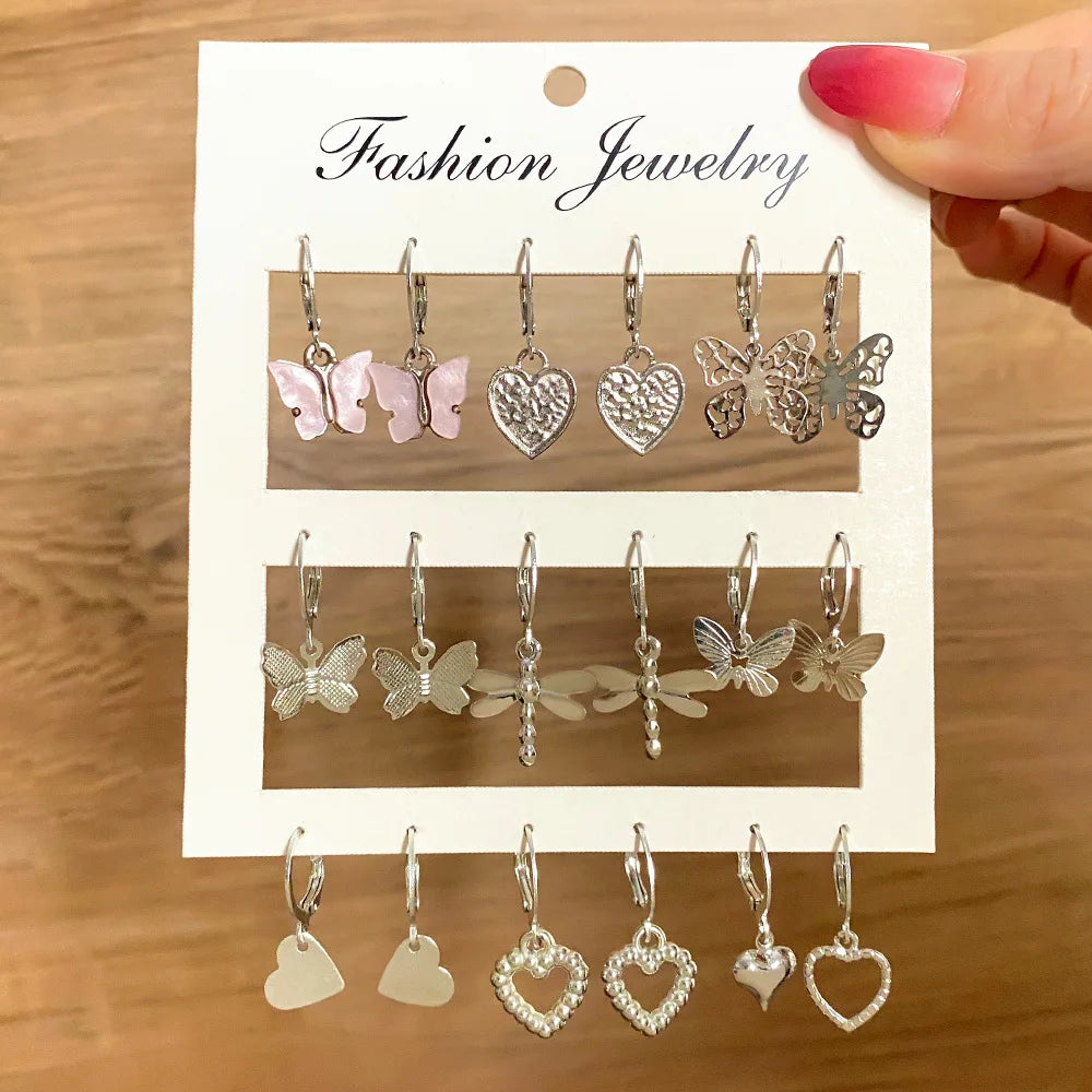 DONATTO 9 Pairs Earrings Set Butterfly Trendy Silver Color Animal Drop Girls Geometric Heart Metal Acrylic Earrings Jewelry