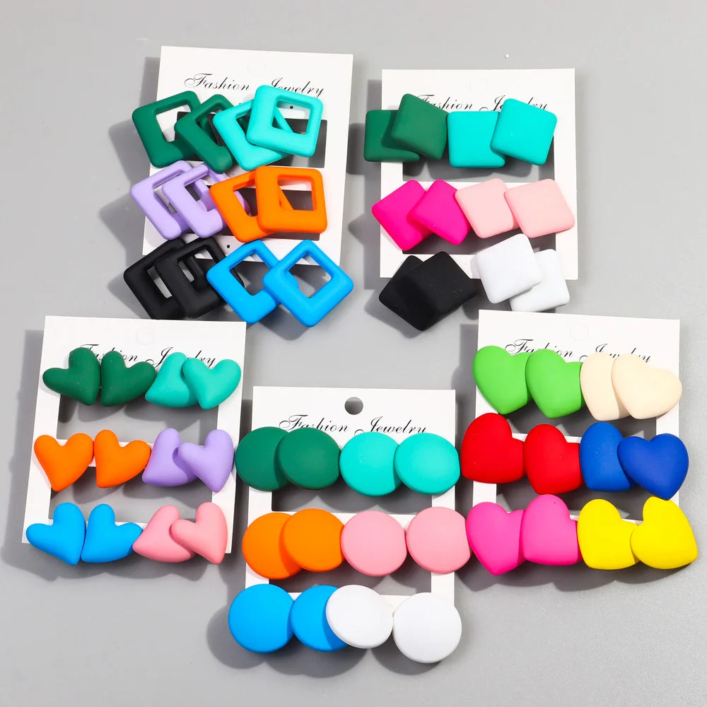 New 6 pair/set Geometric Acrylic Stud Earrings for Women Multicolor Heart Square Circle Flower Earring Korea Jewelry Lightweight