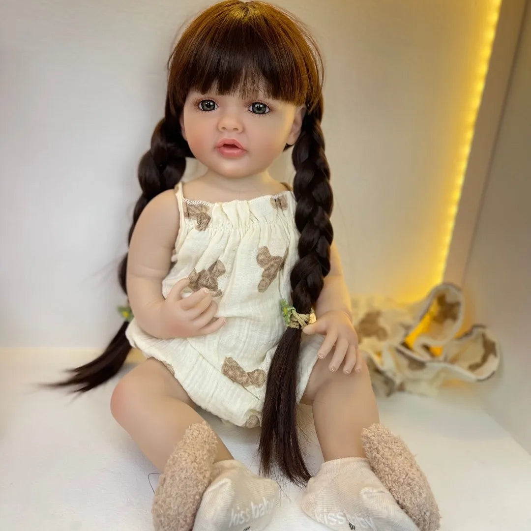 BZDOLL 55cm 22inch Lifelike Reborn Baby Girl Doll Soft Silicone Long Brown Hair Realistic Princess Toddler Bebe Birthday Gift