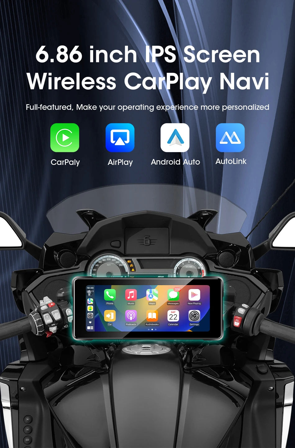 6.86 inch Motorcycle DVR Navigation CarPlay Camera Linux IP67 Waterproof Dual Bluetooth For Moto screen Wireless Android Auto