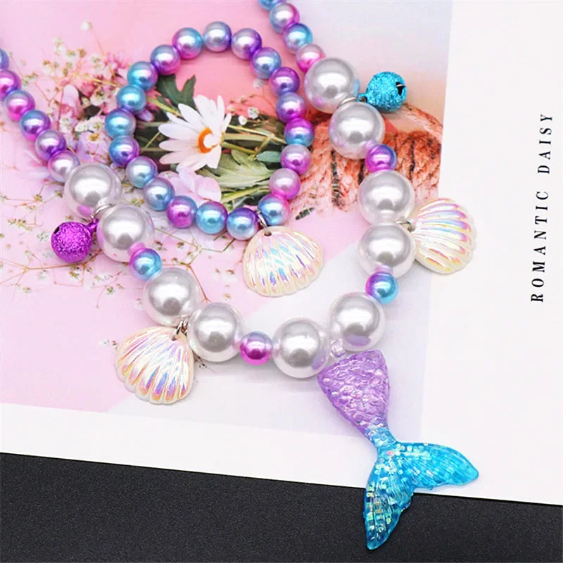 2/5pcs Girls Jewelry Sets Mermaid Pearl Necklace Bracelet Ring Earring Set Kids Toys Children Princess Fashion Accessories Girl