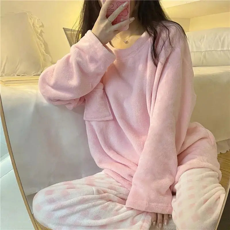 Fleece Thick Warm Women's Pajamas Set Winter Sleepwear Casual Solid Top and Plaid Pants Soft Pijamas Set for Women Home Suit