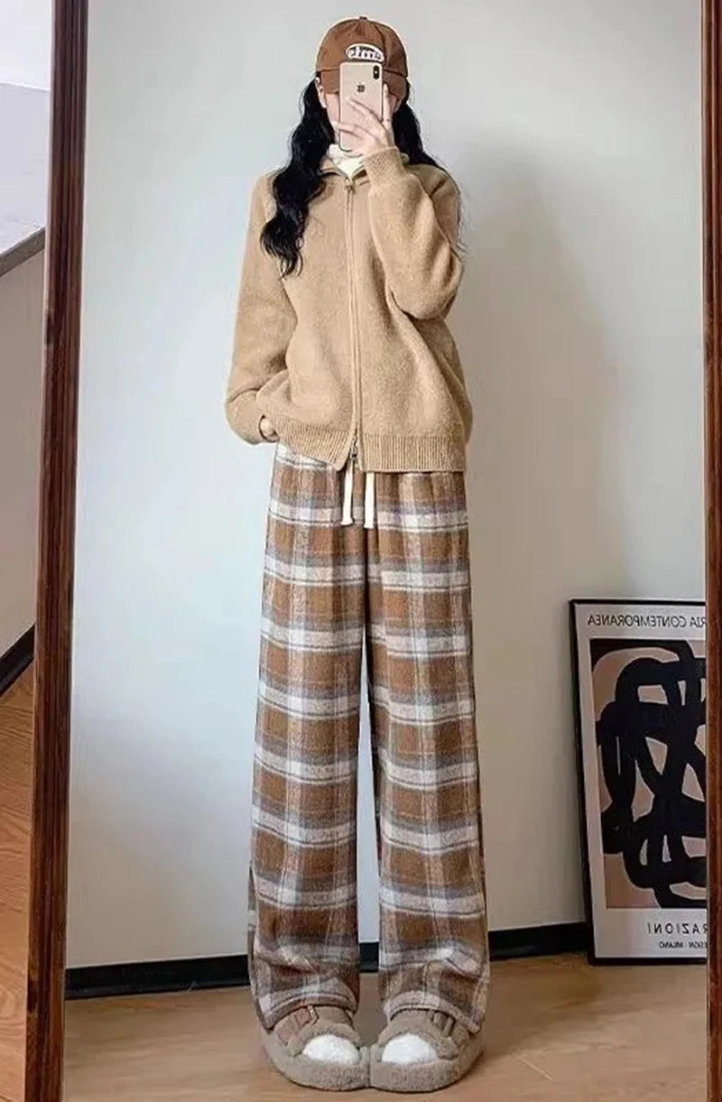 Vintage Plaid Padded Thick Pants Women Fall Winter Warm High-Waisted Casual Straight Wide-Legged Pants Hip-Hop Y2K Trousers