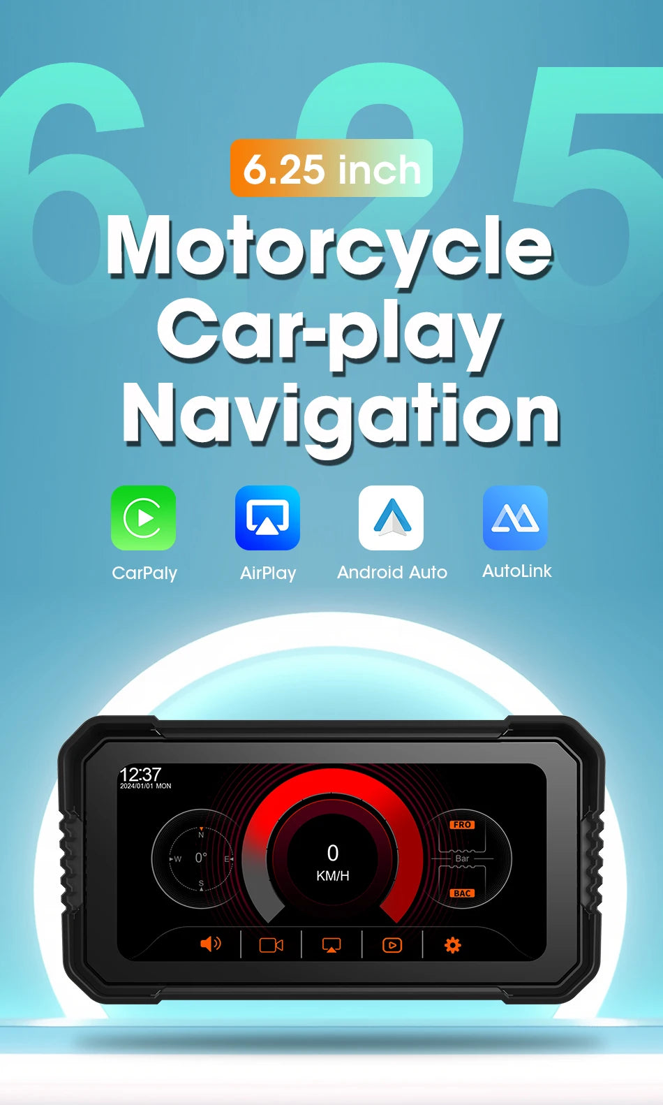 Srnubi 6.25 inch Portable Motorcycle DVR Wireless Carplay Android Auto Remote Control IP67 Waterproof 5.0 BT GPS Navigation