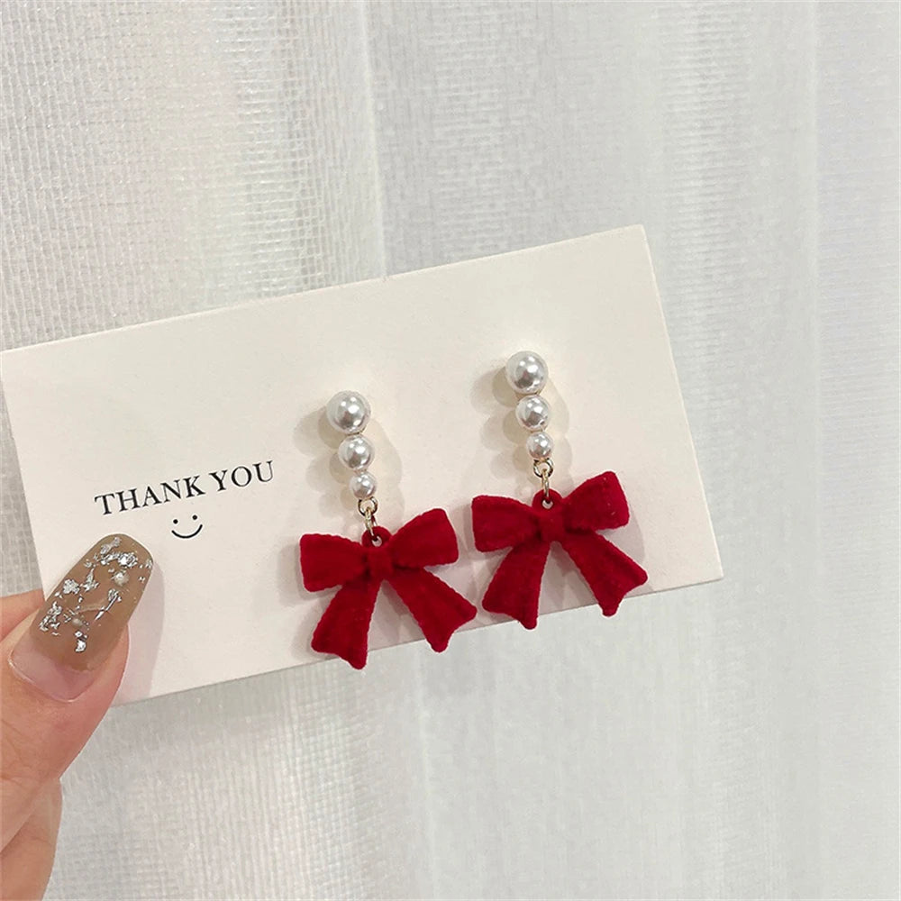 LATS Red Black Bowtie Earrings for Women Girls Simulated Pearl Cloth Bow Tie Earrings Jewelry Ear Accessories Beautiful Gifts