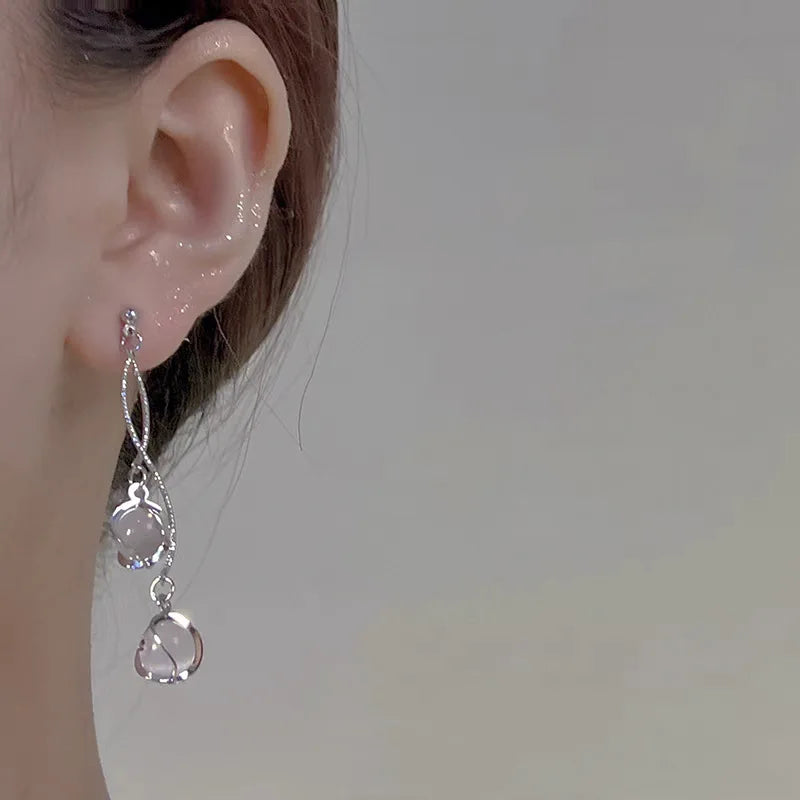 Korean Style Fashion Long Copper Drop Earrings Round Cut Synthetic Gems Bridal Wedding Jewelry Decor Elegant Ear Jewelry Women