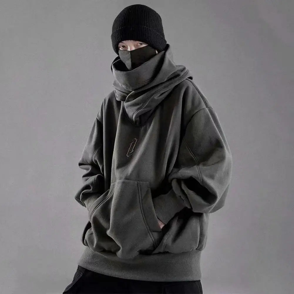 Fleece Turtleneck Men Hoodie Oversized Hip Hop High Collar Men Japanese Ninja Hoodies 2024 Autumn Streetwear Oversized Hoody