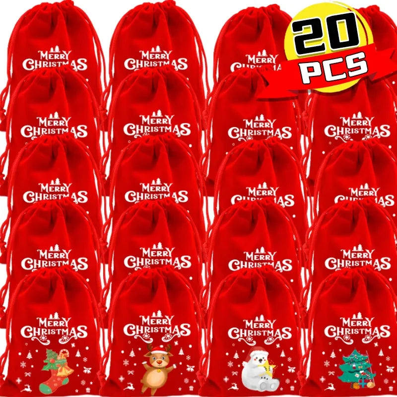 20pcs Christmas Gift Bags Drawstring Bags for Children Candy Bags Drawstring Drawstring Gift Bags Red Christmas Flannel Bags