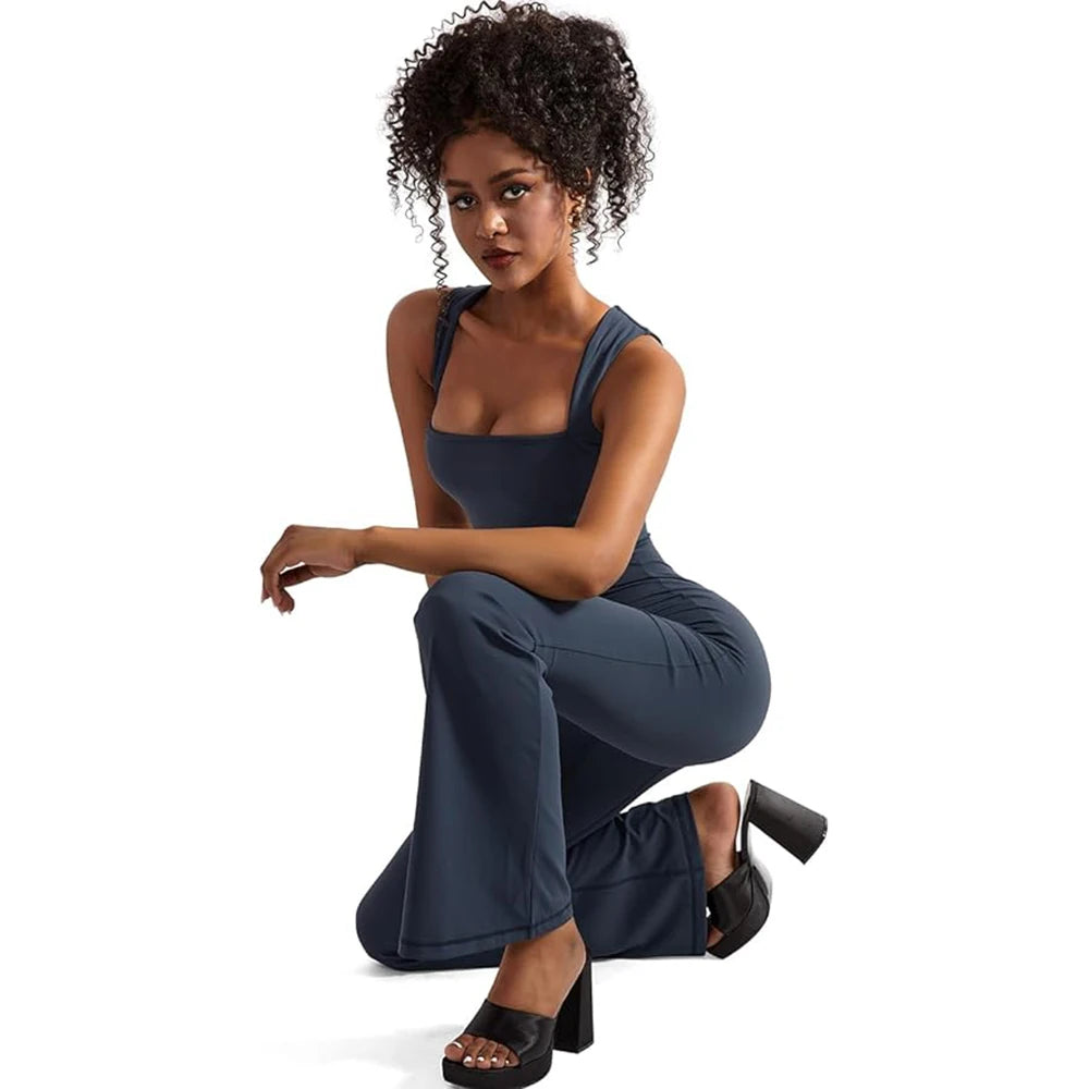 Women's Sleeveless Bodysuit Flared Pants  Square Neck Full Seasons Casual Fitness Playsuit Sleeveless  Streewear Jumpsuits  Lady