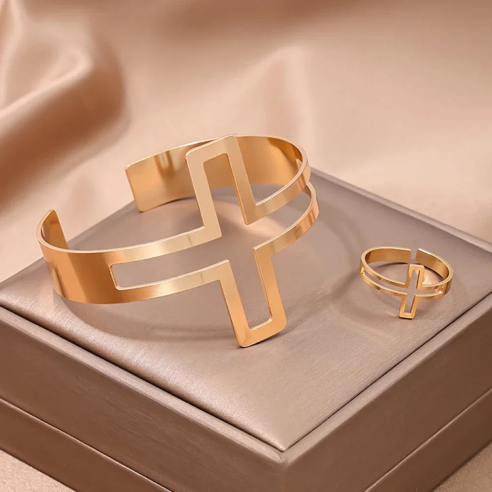 2-Piece Set Of Fashionable And Simple Geometric Open Square Jewelry Hollow Ring Bracelet Set Mother'S Day Gift Jewelry Set