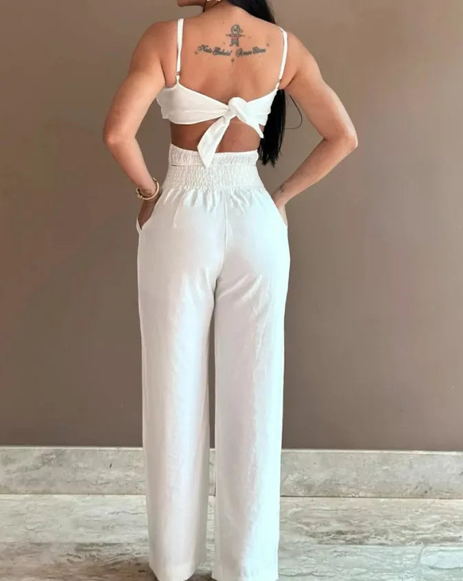 Women Spring Summer Onepiece Trousers Jumpsuits Solid Color Sleeveless Hollow Out Wide Leg Pants Casual Fashion Regular Backless