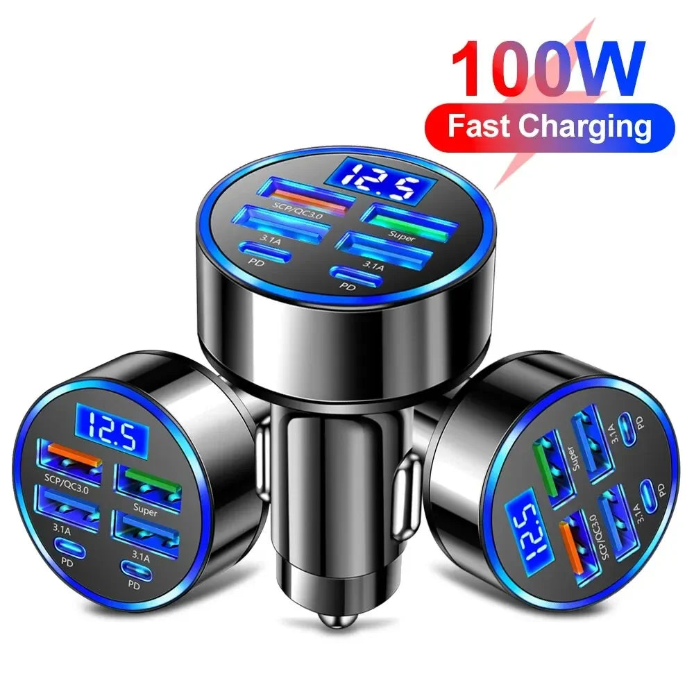 250W PD Car Charger QC3.0 Fast Charge One to Six Car Cigarette Lighter Plug 5 Port Car Charger Flash Charge with Digital Display