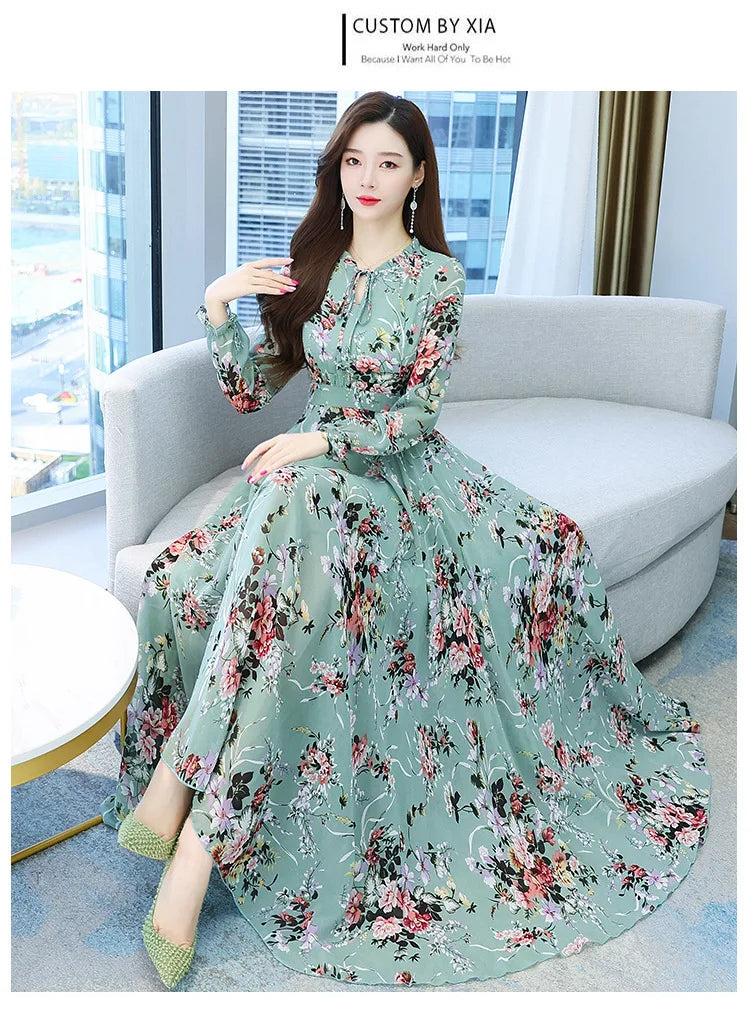 Spicy Mom Dress Chiffon Moms Korean Edition New Autumn and Winter Fragmented Flower Long Style New Long sleeved Medium Long UAFP