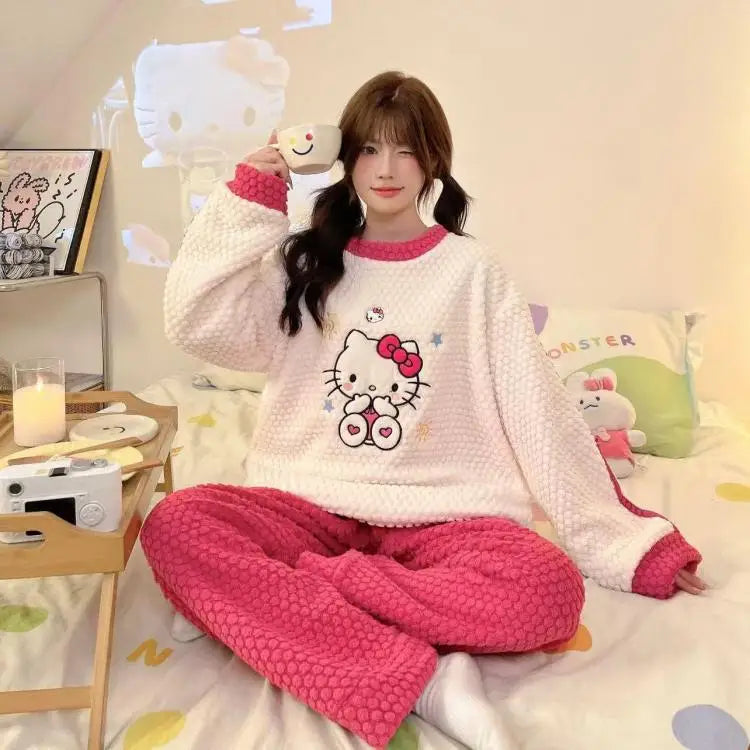 Women Cute Hello Kitty Pajamas Pants Suit Sanrioed Anime Kawaii Spring Winter Cardigan Plush Coral Fleece Red Cartoon Homewear