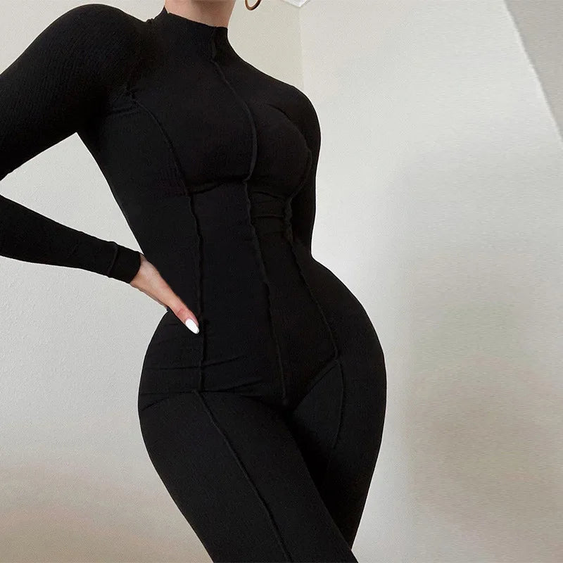 Fashion Turtleneck High Waist Solid Jumpsuit Casual Sheath Sportwear Women Elastic Fitness Romper High Waist Bodycon Jumpsuits