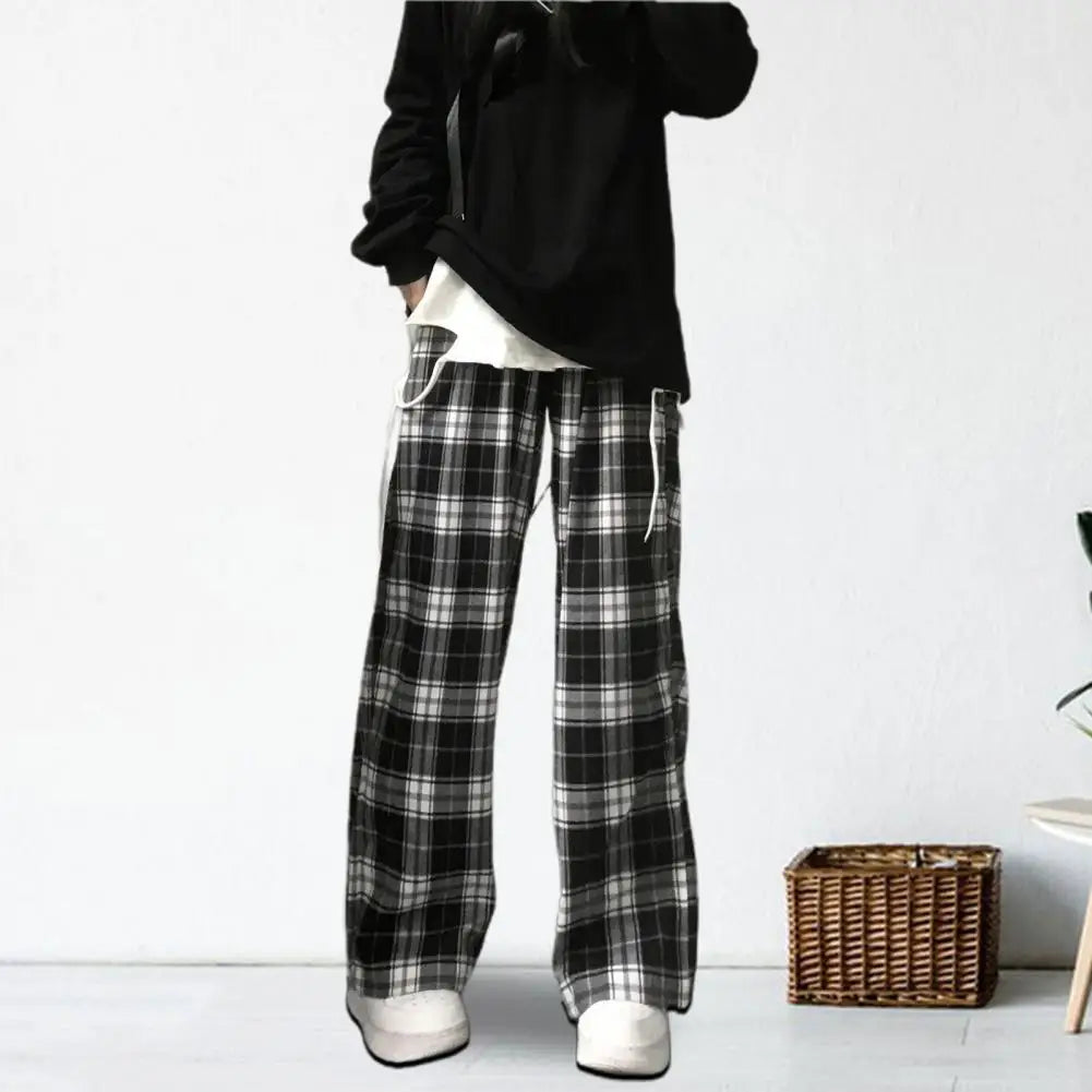 Plaid Print Pants Plaid Print Wide Leg Sweatpants for Women High Elastic Waist Streetwear Trousers with Loose Fit Sport Style