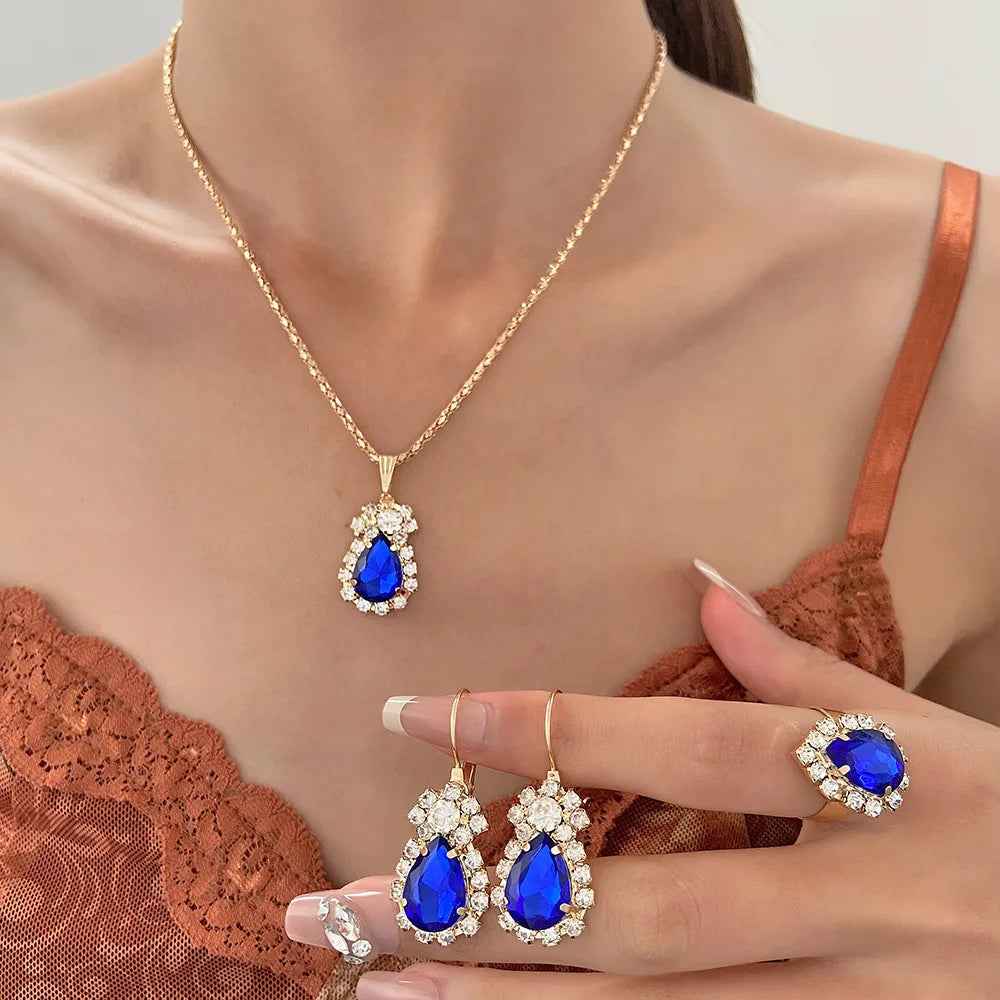 Blue Cyrstal Ring Necklace Earrings Set Wedding Jewelry Sets For Brides Pendant Earrings For Girls Women African Jewelry Sets