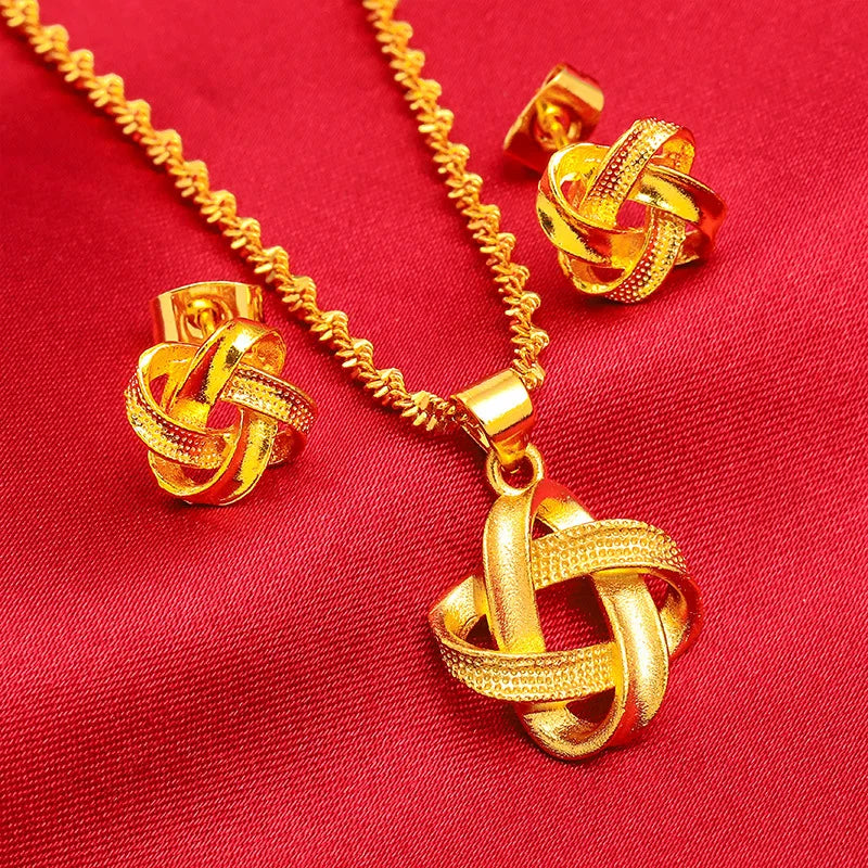 Yellow Gold Plated Jewelry Sets For Women Interweave Geometric Pendant Necklace Earrings 2pcs Jewellery Set Accessories Gifts