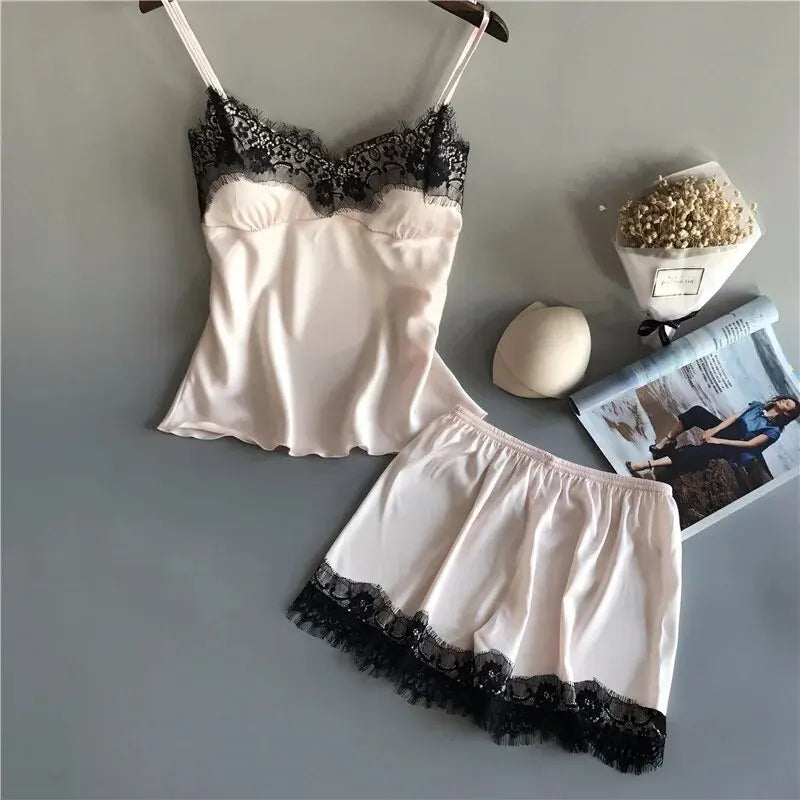 Women Pajama Suit Fashion V-Neck Stretch Satin Babydoll Lace Sexy Lingerie Bowknot Pyjamas Sleep Shorts Set Sleepwear New