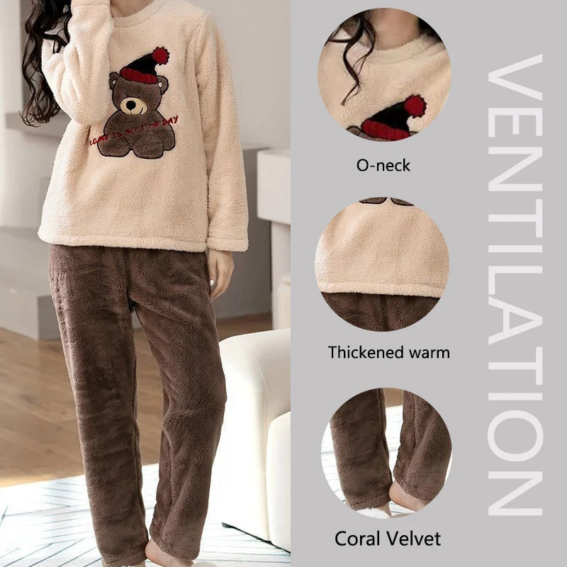 2pcs/Set Large Size Padded Thickened Warm Fall And Winter Women's Pajamas Long-Sleeved Long Pants Set Coral Velvet Cartoon Bear