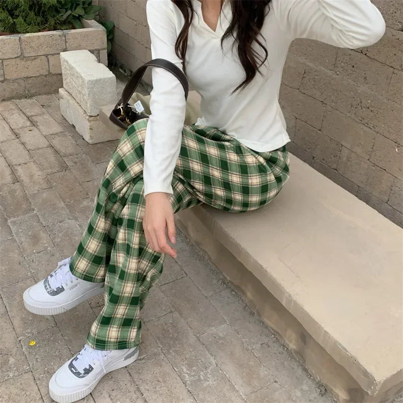 Fashion Warm Plush Pants Cashmere Thick Plaid Ladies Winter Casual Loose Wide-legged Pants Korean Streetwear Students