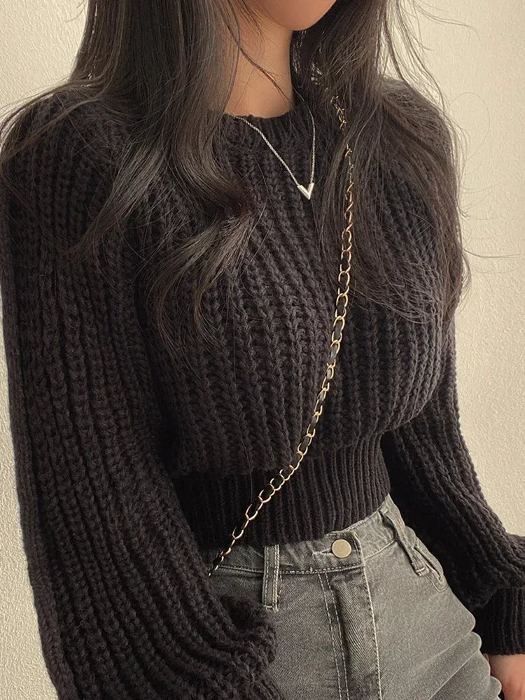 Knitted Sweater Pullovers New Design Cute Sweet Japan Girls Solid O Neck Short Crop Knit Tops 4 Colors 2024 Winter Autumn