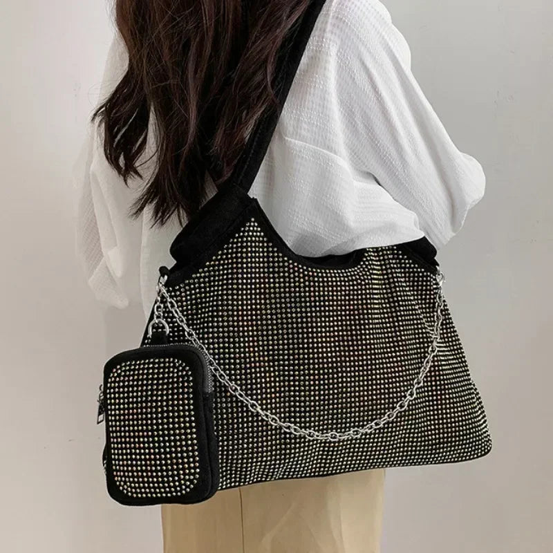 2023 New Shiny Rhinestone Women's Handbag Large Shopping Bag Fashion Dinner Bag Underarm Shoulder Bag Women's Party Commuter Bag