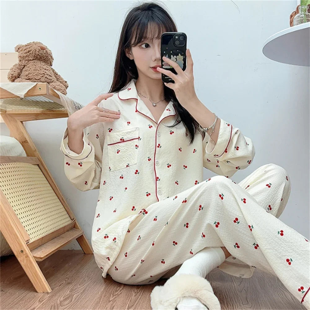 Korean Style Chic Women's Sleepwear Set Extra Soft Peach Lapel Long Sleeve Spring Autumn For Home Use Loose Sleepwear Set