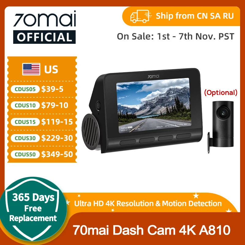 70mai 4K Dash Cam A810 Ultra HD Built-in GPS ADAS Auto Record 150FOV Motion Detection 70mai A810 4G Car DVR Support Rear Cam