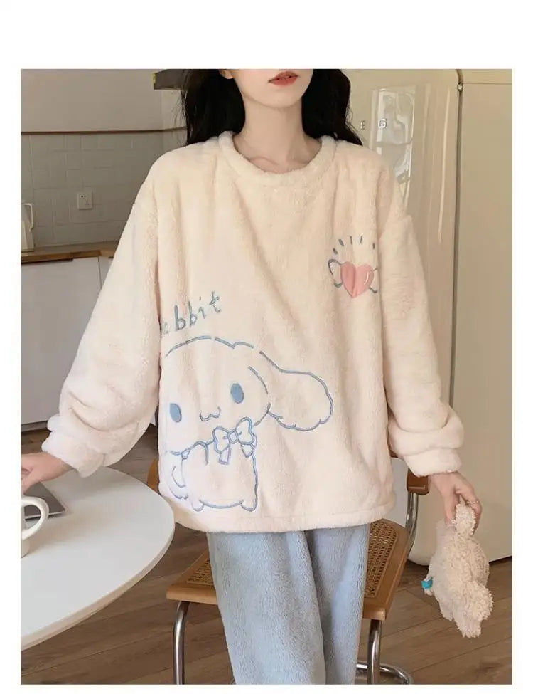 Cute Cinnamoroll Winter Pajamas Suit Sanrioed Anime Kawaii Cartoon Plush Homewear with Chest Pad Women Flannel Warm Nightwear