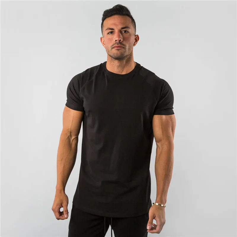 Cotton Plain Tops Tees Fitness Mens T Shirt Short Sleeve Muscle Joggers Bodybuilding Tshirt Male Gym Clothes Slim Fit Shirt