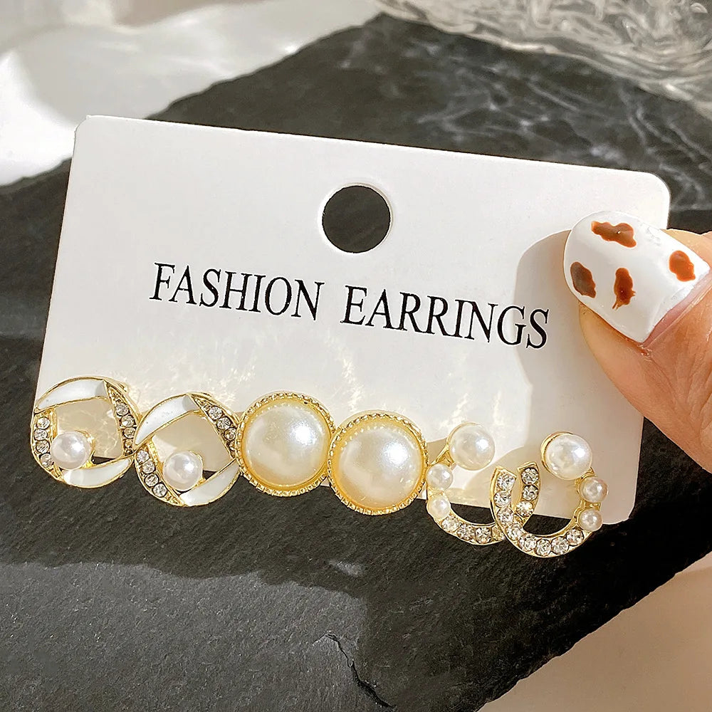 LATS Bow Fishtail Pearl Moon Earrings for Women Popular Gold Color Crystal Earrings Set Fashion Jewelry Accessories Gifts