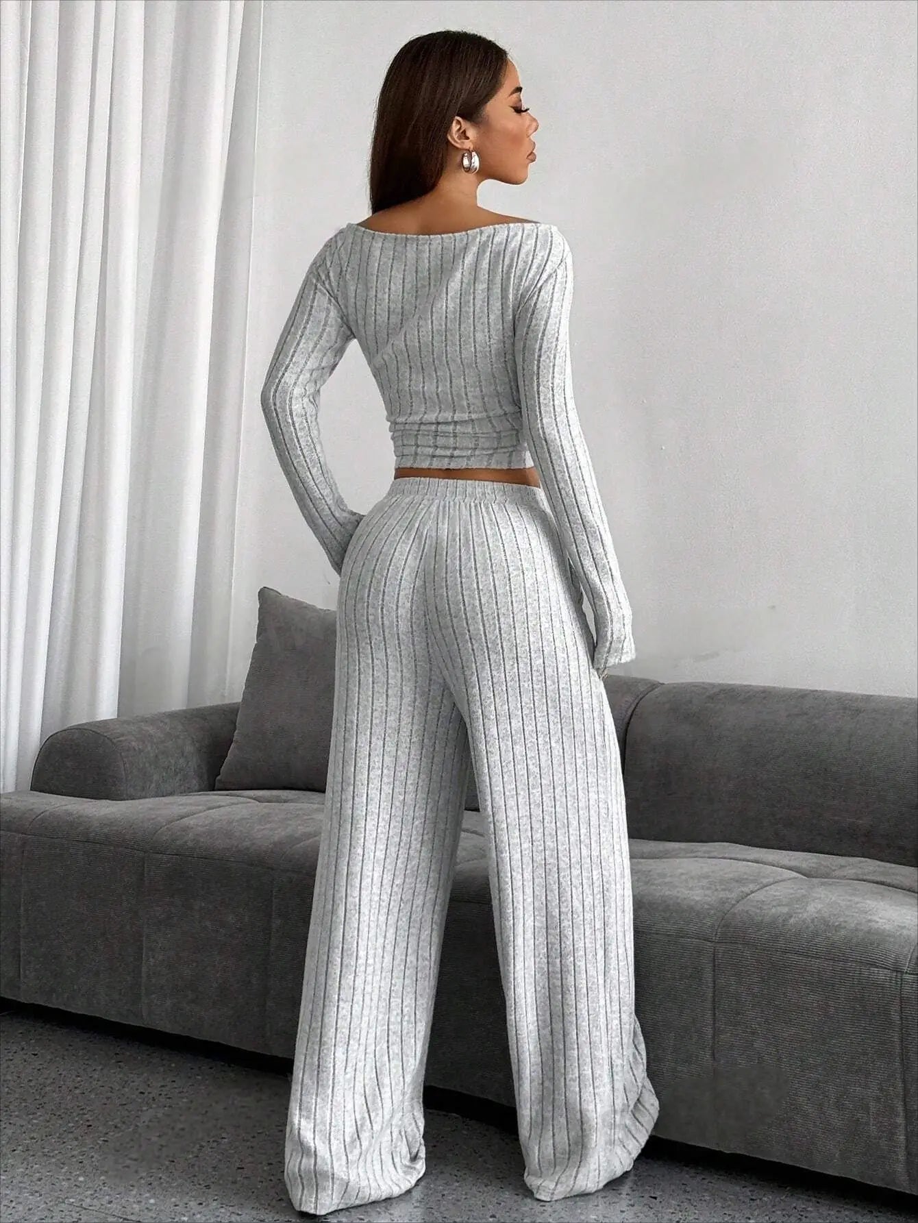 2024 Spring Knitted 2 Piece Sets Women Tracksuit Long Sleeve Vintage Sweater Crop Top Flare Pants Stretch Matching Suit Outfit