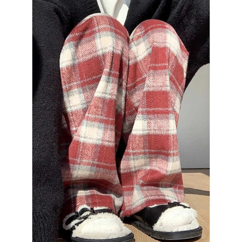 Vintage Plaid Padded Thick Pants Women Fall Winter Warm High-Waisted Casual Straight Wide-Legged Pants Hip-Hop Y2K Trousers