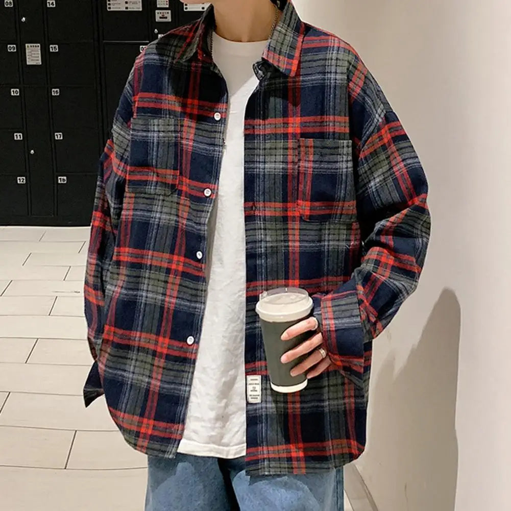 Men Plaid Shirt Check Shirts Men Plaid Long Sleeve Oversized Shirts Streetwear Cardigan Chest Pocket Loose Shirt Loose Plaid Top