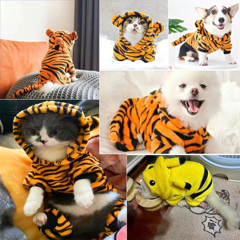 Coral Fleece Cosplay Costume for Pet, Cute Dinosaur, Tiger, Cow, Pet Clothes, Warm Dog Hoodies, Cat Coat, Dogs Costumes, Funny