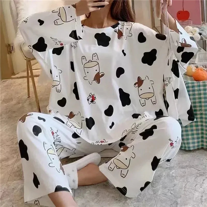 Set Cute New Cartoon Sets Cow Spring 2023 Sleeve Print Long Two-pieces Underwear Sleepwear Pajama Women