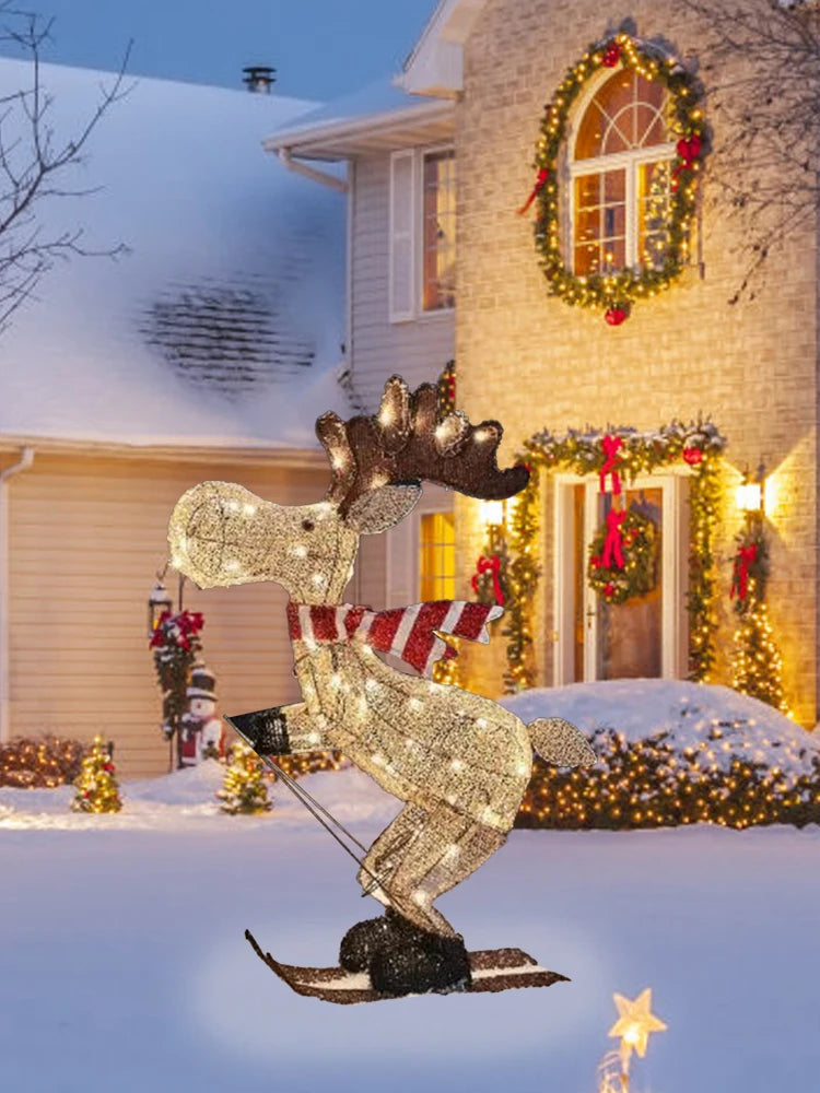 Lighted Reindeer Ornaments Glowing Ski Deer Statue with LED Lights String 3D Standing Reindeer Figurines for Christmas Decoratio