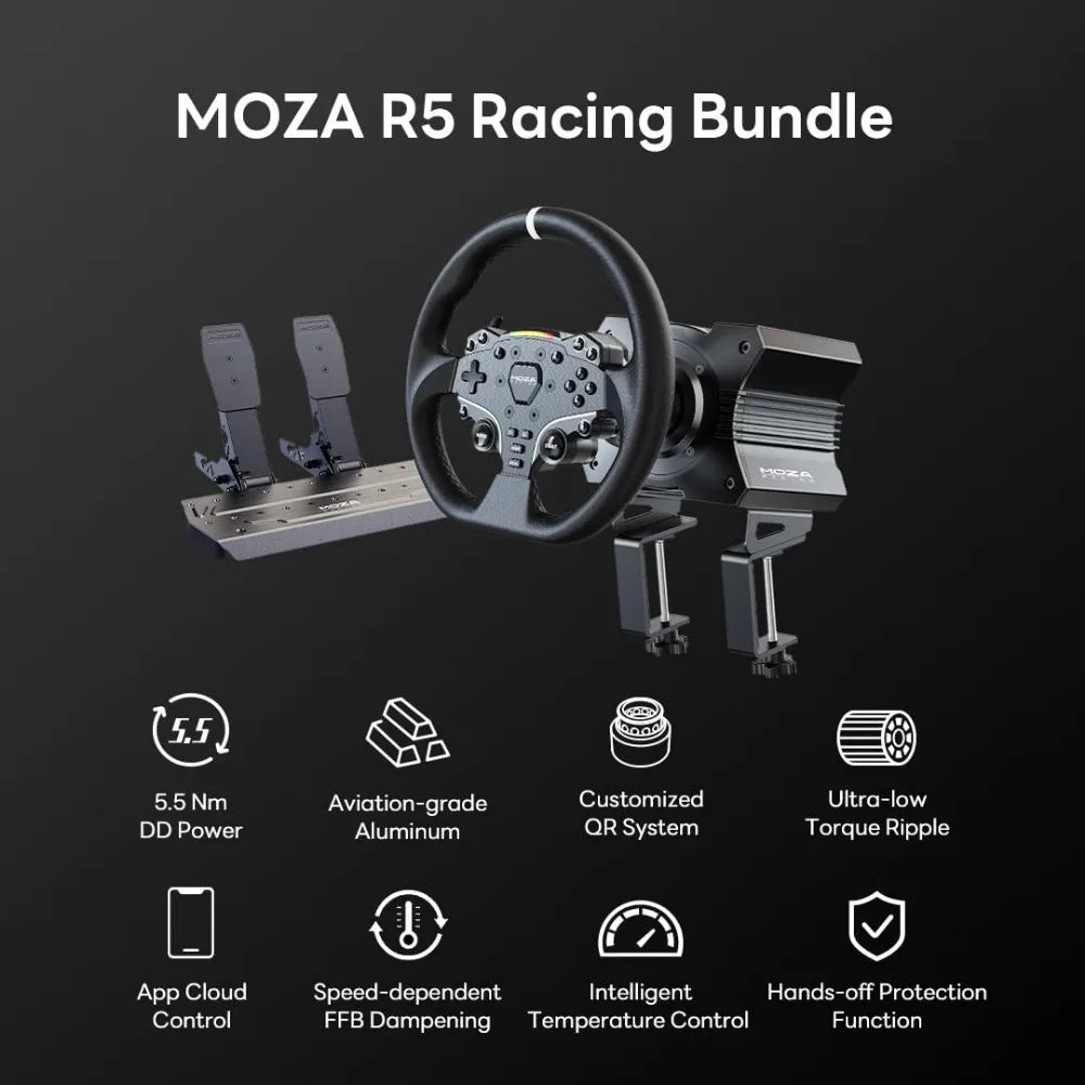 R5 All-in-One PC Gaming Racing Simulator 3PCS Bundle: 5.5Nm Direct Drive Wheel Base, 11-inch Racing Wheel, Anti-Slip Pedals