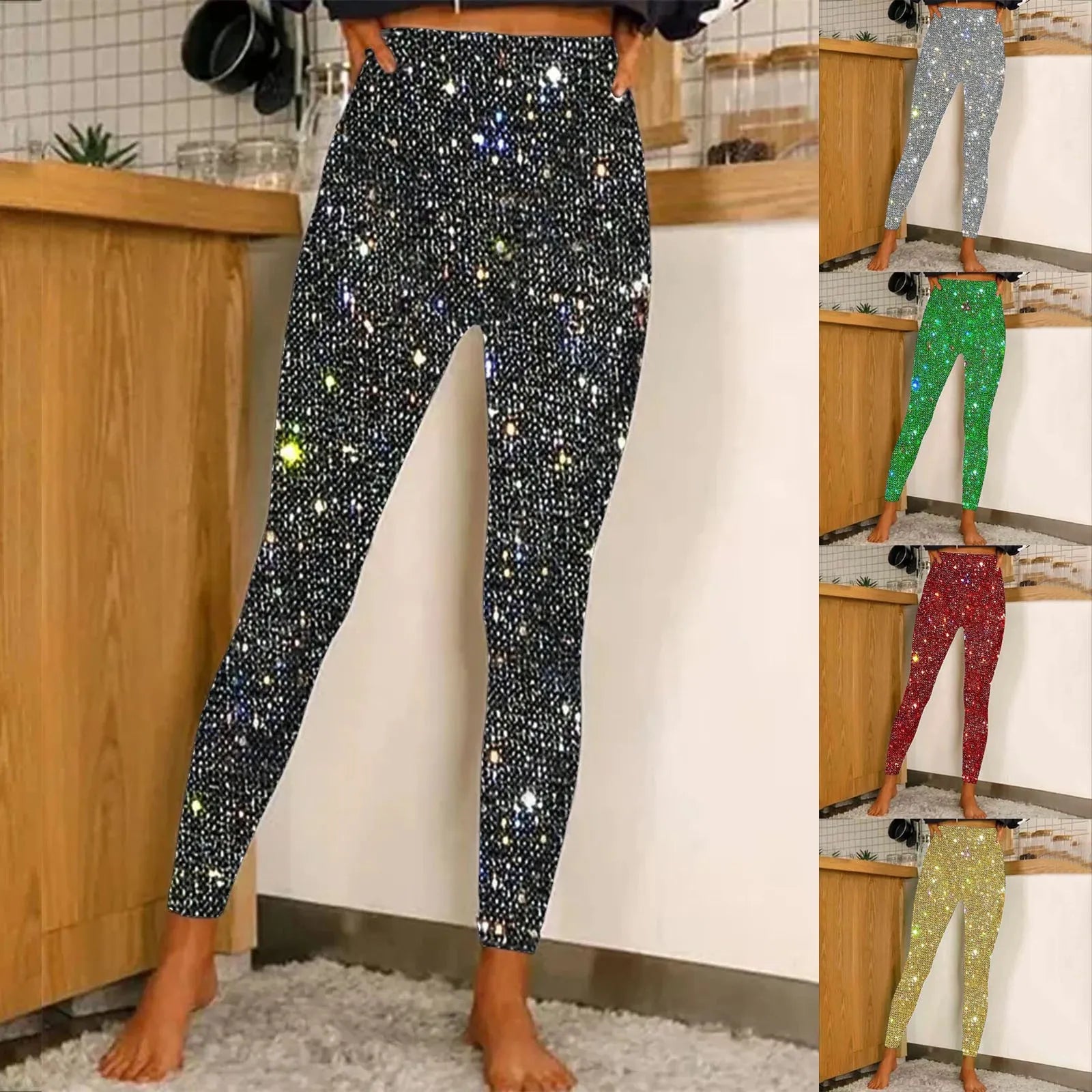 Women Fashion Pants Sequin High Waisted Bottom Slim Fit Leggings Trousers Cotton Comfy Pretty Long Bottom Winter New Year Cloth