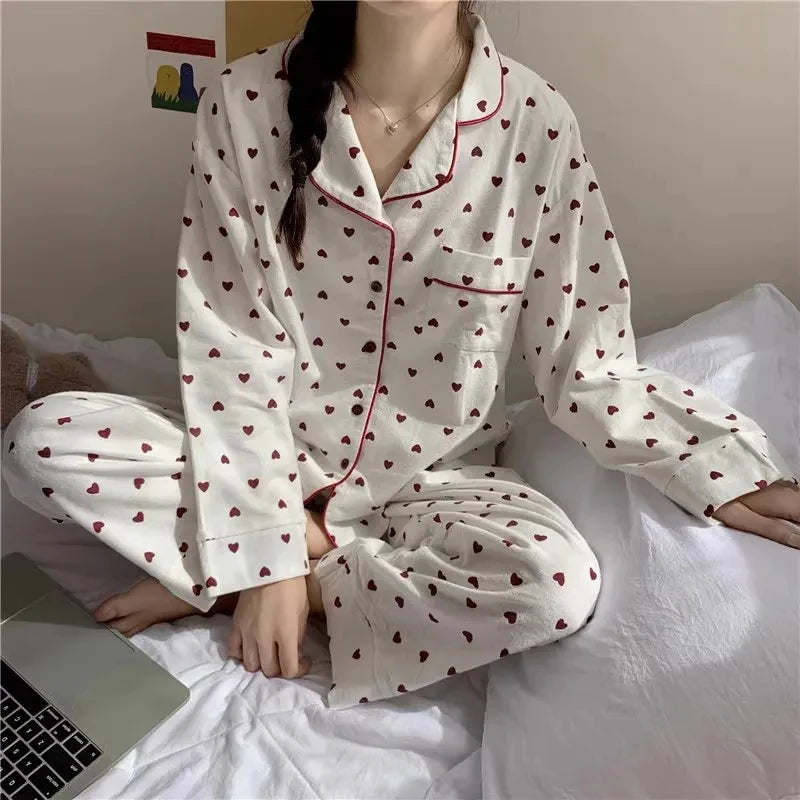 Large Size Sexy Nightwear Women Sleepwear Autumn and Winter Cardigan Home Wear Peach Heart Long Sleeves School Silk Pajamas