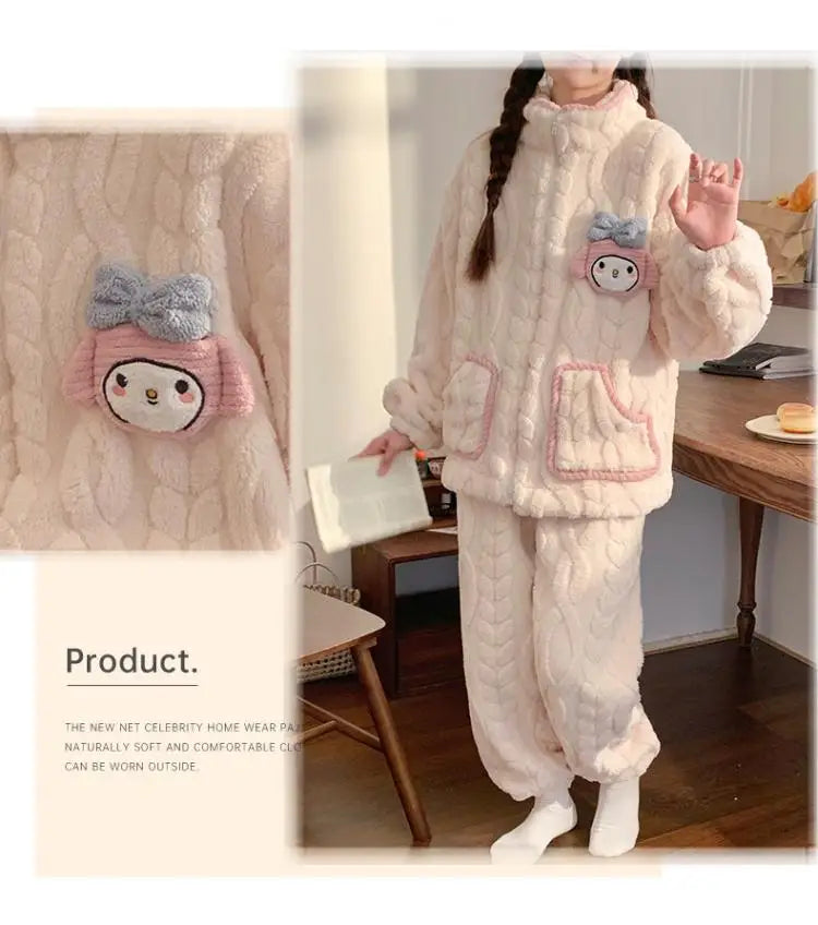 Anime Kuromi Pajamas Pants Suit Sanrioed Women Cute Kawaii Spring Winter Cardigan Plush Coral Fleece Cute Cartoon Warm Homewear