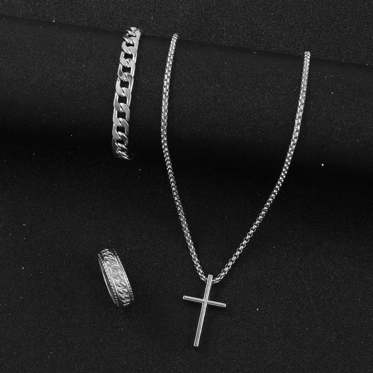 Punk Cross Pendant Necklace Bracelet Chain Ring Men's Set Simple Personality Hip Hop Party Three Piece Jewelry Accessories