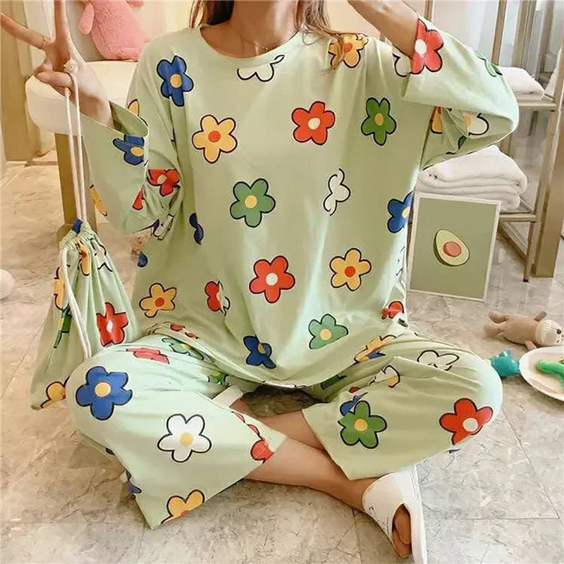 Set Cute New Cartoon Sets Cow Spring 2023 Sleeve Print Long Two-pieces Underwear Sleepwear Pajama Women