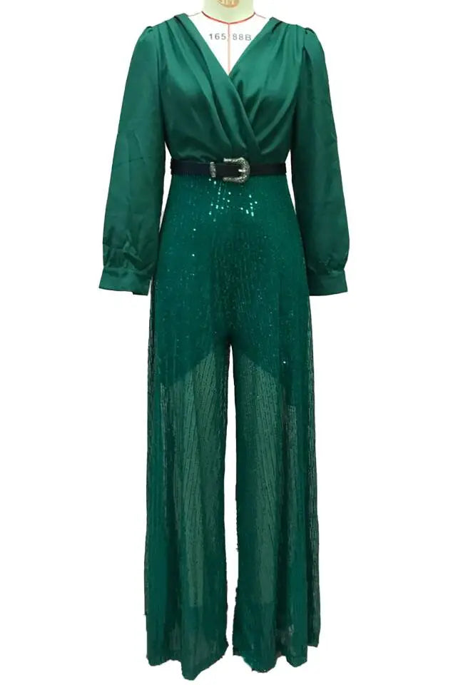 Spring/Summer New Fashion V-neck Long sleeved Waist Slim Fit Sequin Solid Color Jumpsuit,10 Colors And With Belt